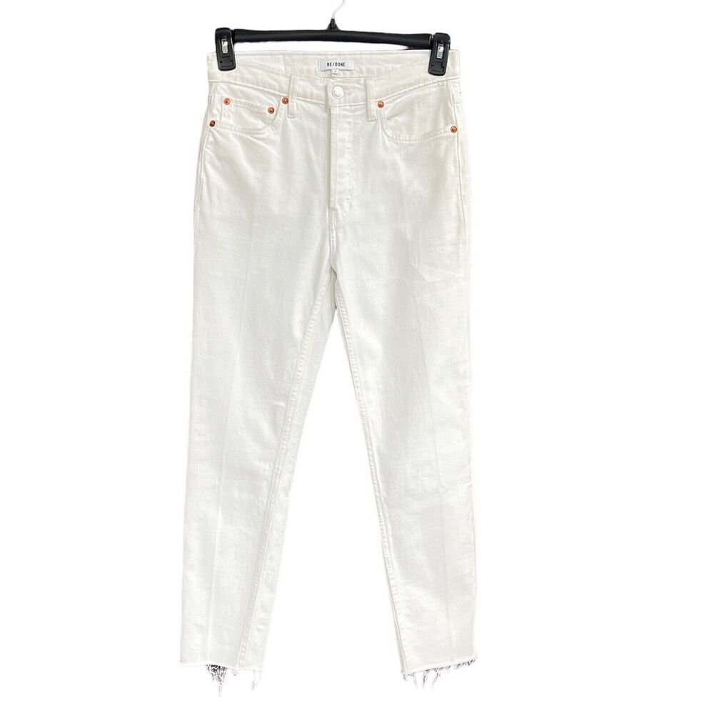 RE/DONE SZ 27 90s High-Rise Ankle Crop Jeans Button-Fly Frayed Hems Slim White